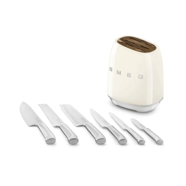 6-Slot Acacia Wood Knife Block with Powder-Coated Steel Housing and 6 Stainless Steel Knives - Cream