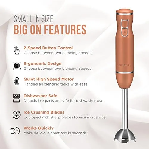 Chefman With Stainless Steel Shaft & Blades Powerful Ice Crushing 2-Speed Control One Hand-Mixer, Purees Smoothie, Sauces & Soups, 300 Watts, Copper