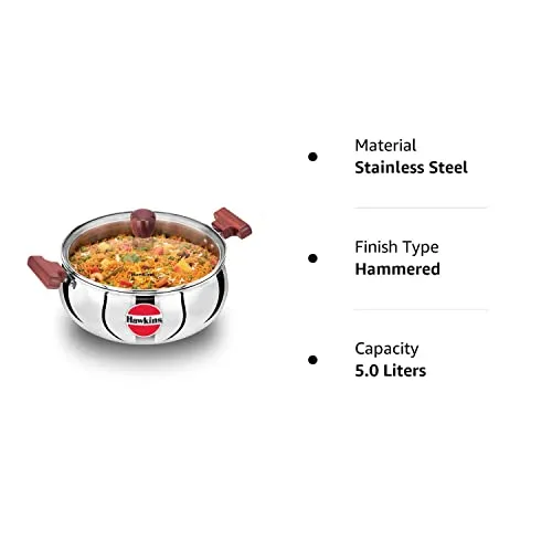 Hawkins 5 Litre Cook n Serve Handi, Triply Stainless Steel Handi with Glass Lid, Induction Sauce Pan, Biryani Handi, Saucepan, Silver (SSH50G)