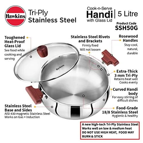 Hawkins 5 Litre Cook n Serve Handi, Triply Stainless Steel Handi with Glass Lid, Induction Sauce Pan, Biryani Handi, Saucepan, Silver (SSH50G)