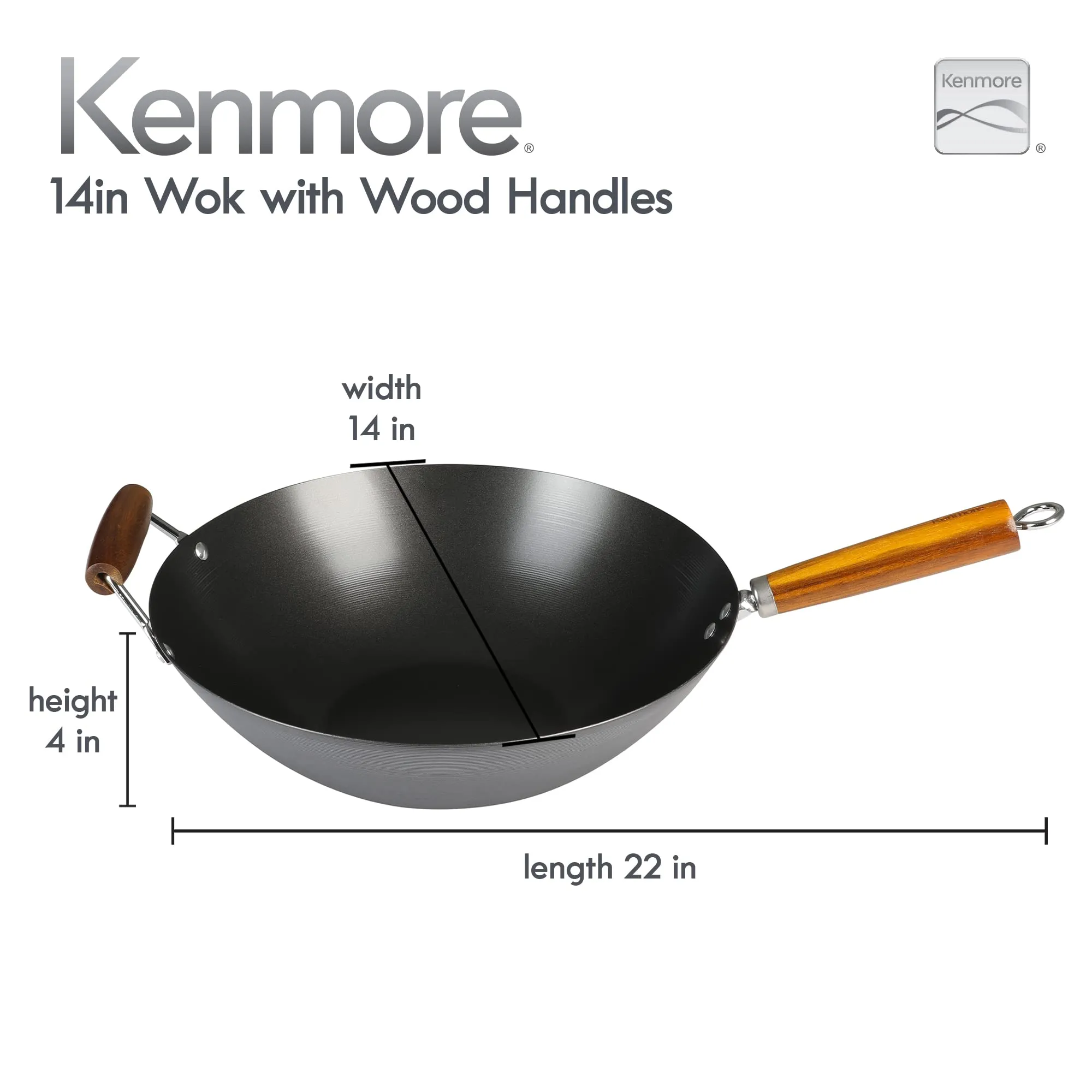 Kenmore Hammond Flat Bottom Carbon Steel Wok 14 Inch Black