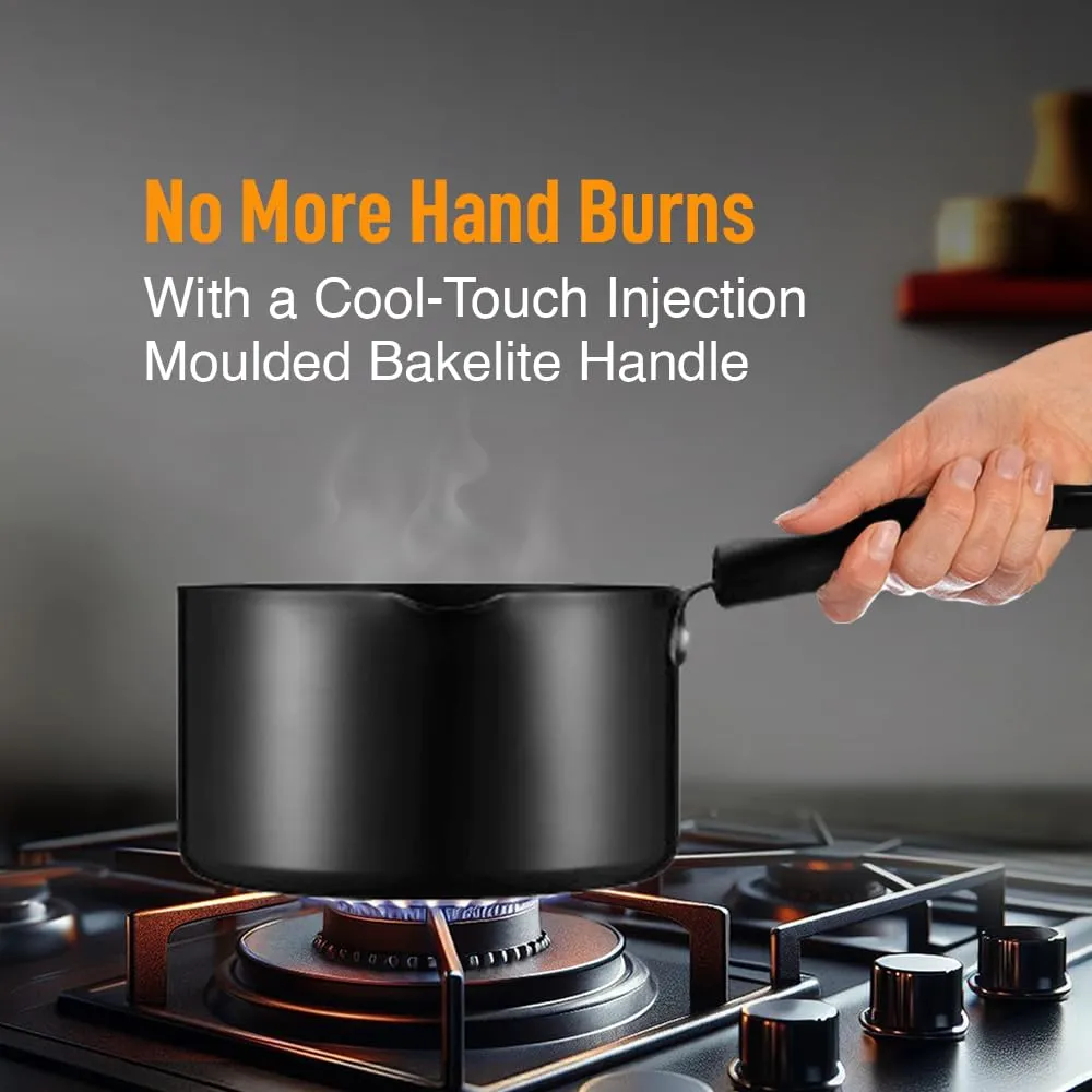 KENT Hard Anodised Sauce Pan |Non Reactive, Non Toxic, & Non staining Food Grade Surface| 3.25mm Thick Base for Uniform Heating| Cool Touch bakelite Handle |1.5L Capacity