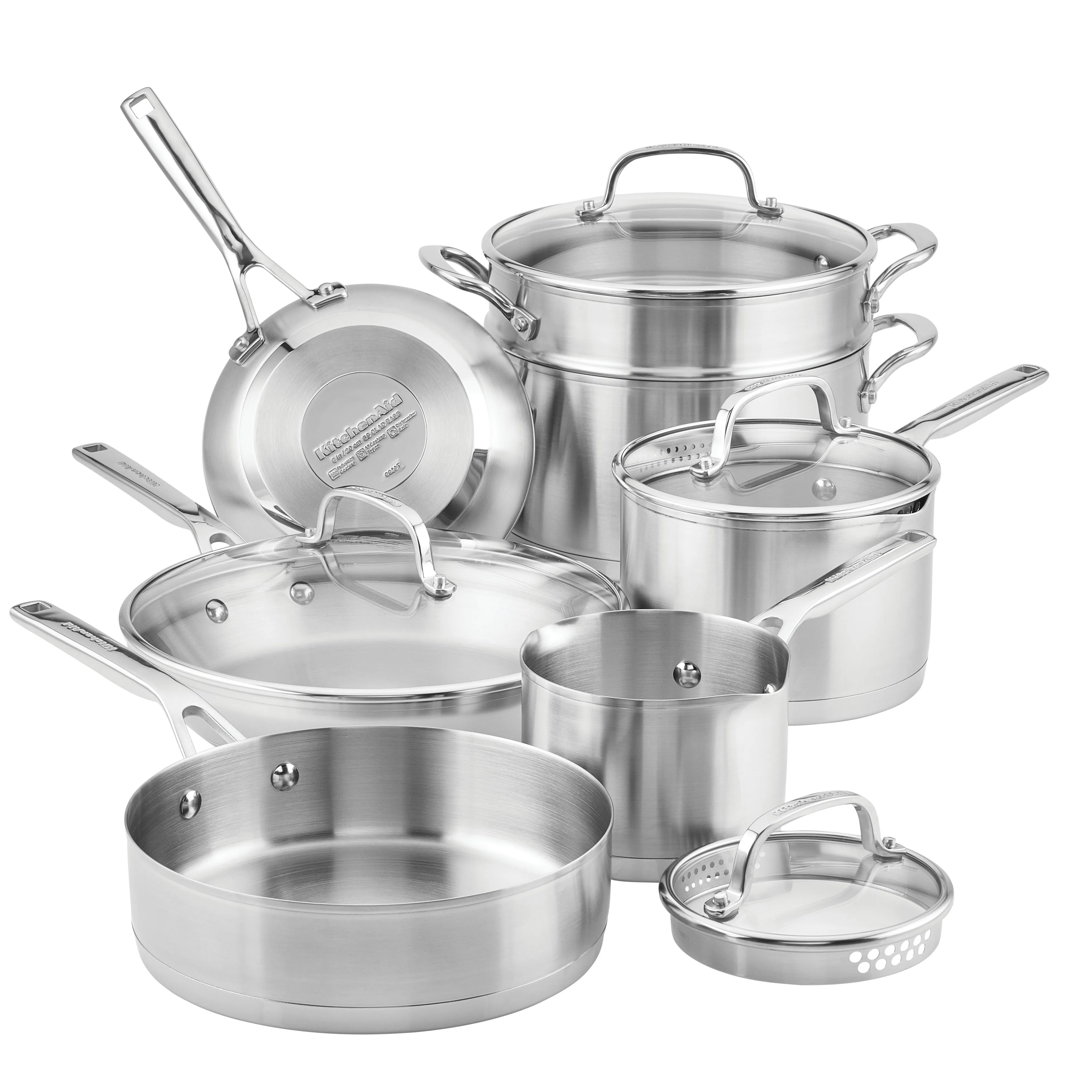 KitchenAid 3-Ply Base Stainless Steel Cookware Set, 11-Piece, Brushed Stainless Steel