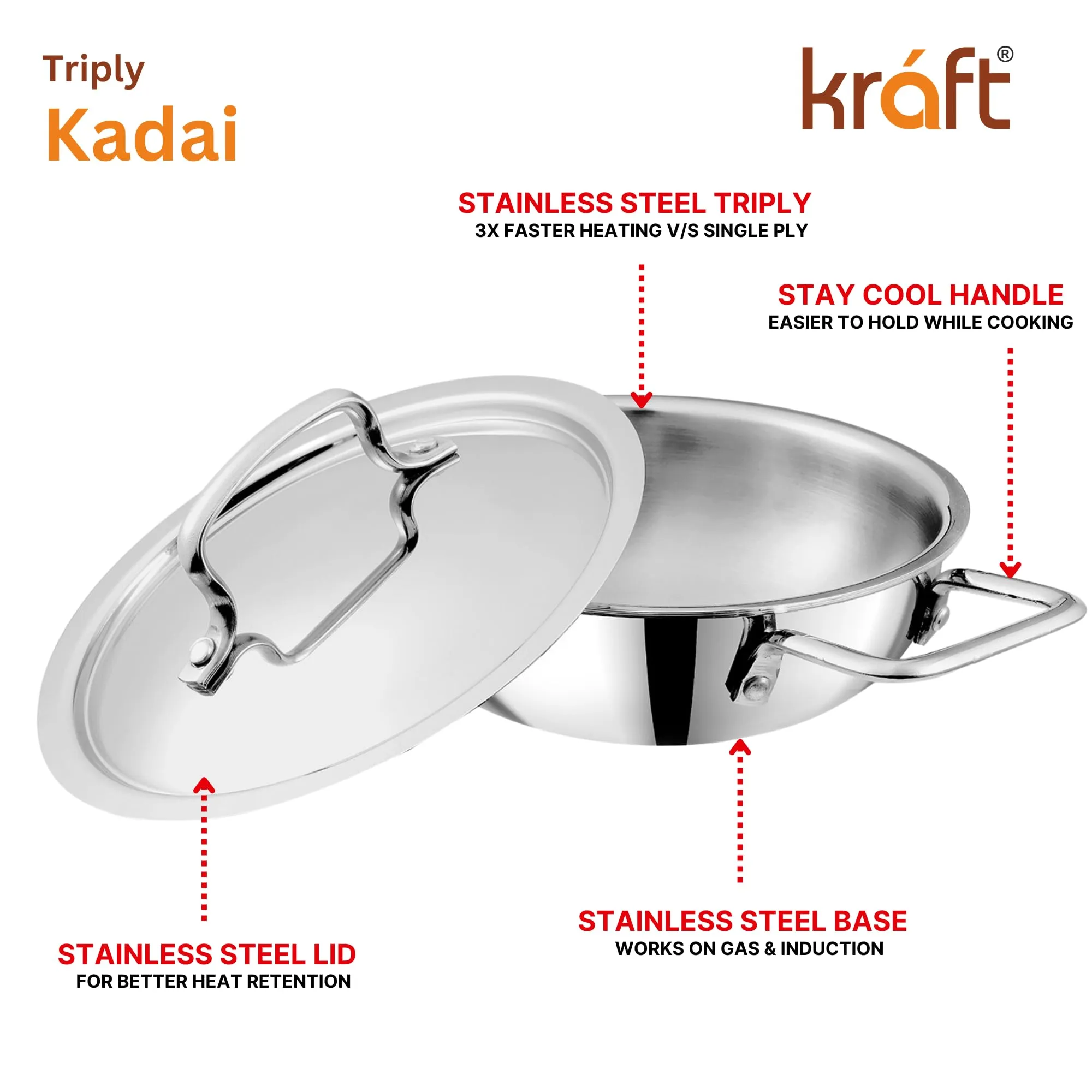 Kraft Futuretec Triply Stainless Steel Cookware Kadai - 1.1 litre, 18 cm / 2.5 mm Thick Extra Deep Kadhai/Kadai for Cooking/Induction Bottom, Gas Base / 5 Years Warranty