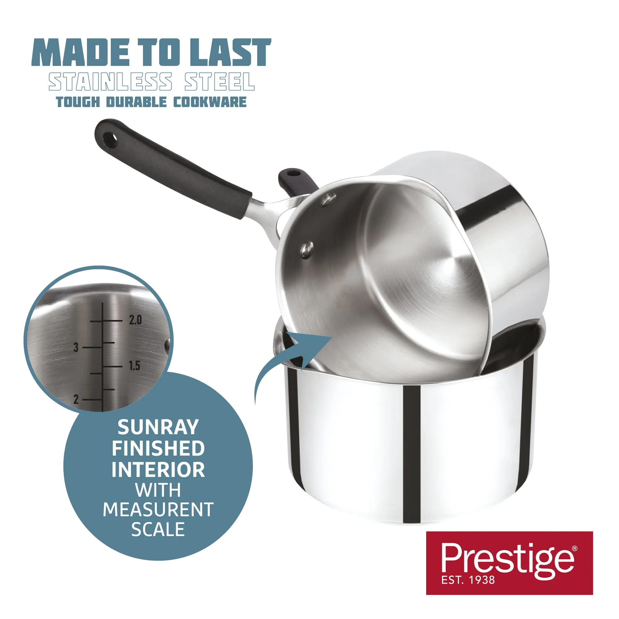 Made to Last: Stainless Steel Frying Pan, Saucepan, Straining Lids & Milk Pan Set - 5 Pieces