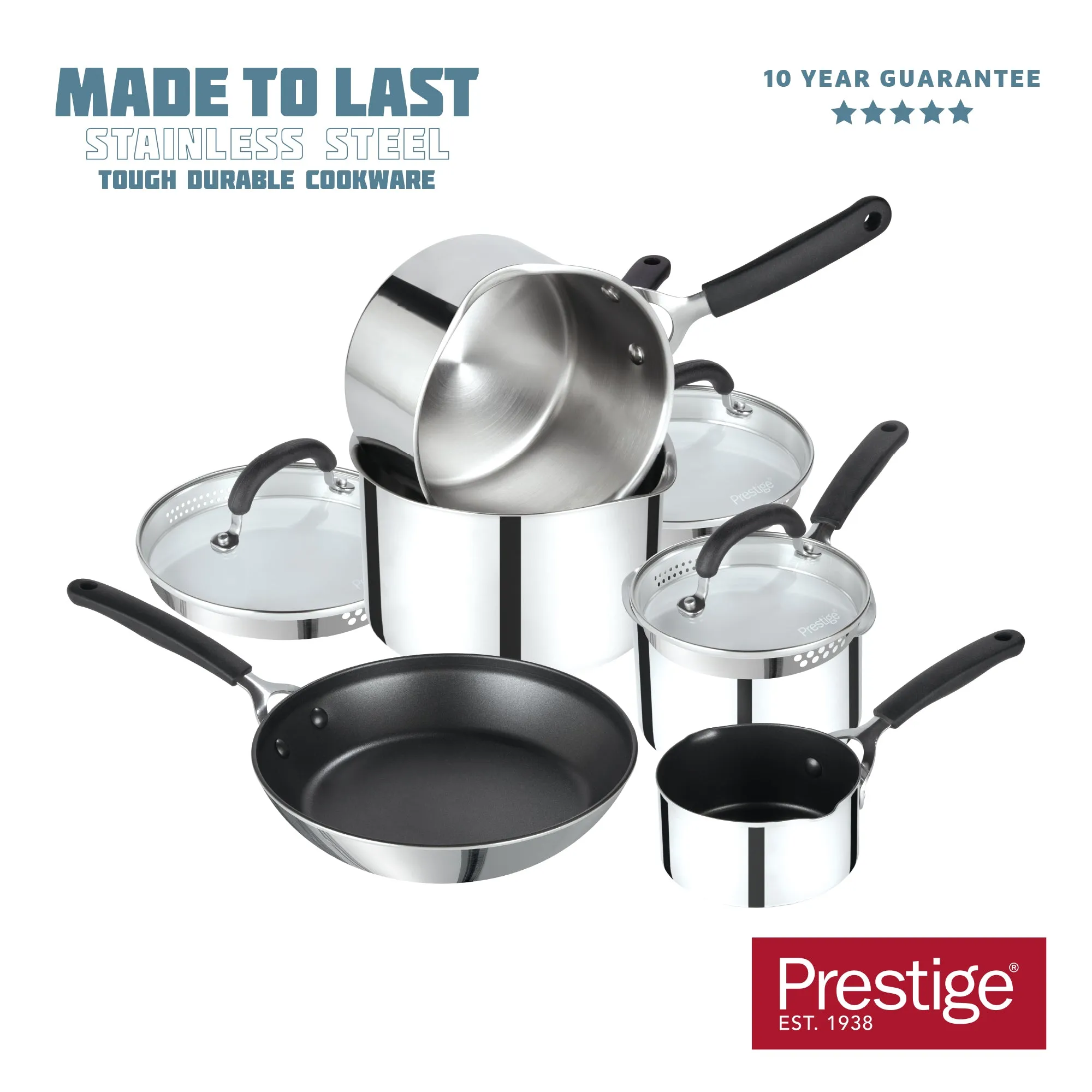 Made to Last: Stainless Steel Frying Pan, Saucepan, Straining Lids & Milk Pan Set - 5 Pieces