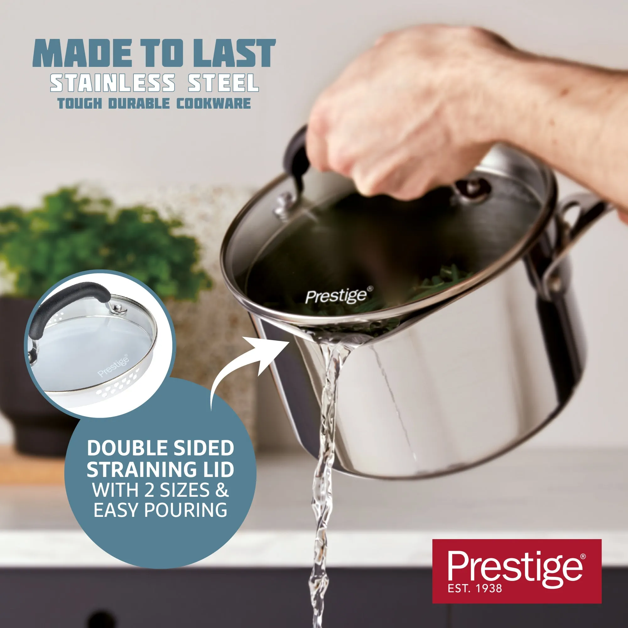 Made to Last: Stainless Steel Frying Pan, Saucepan, Straining Lids & Milk Pan Set - 5 Pieces