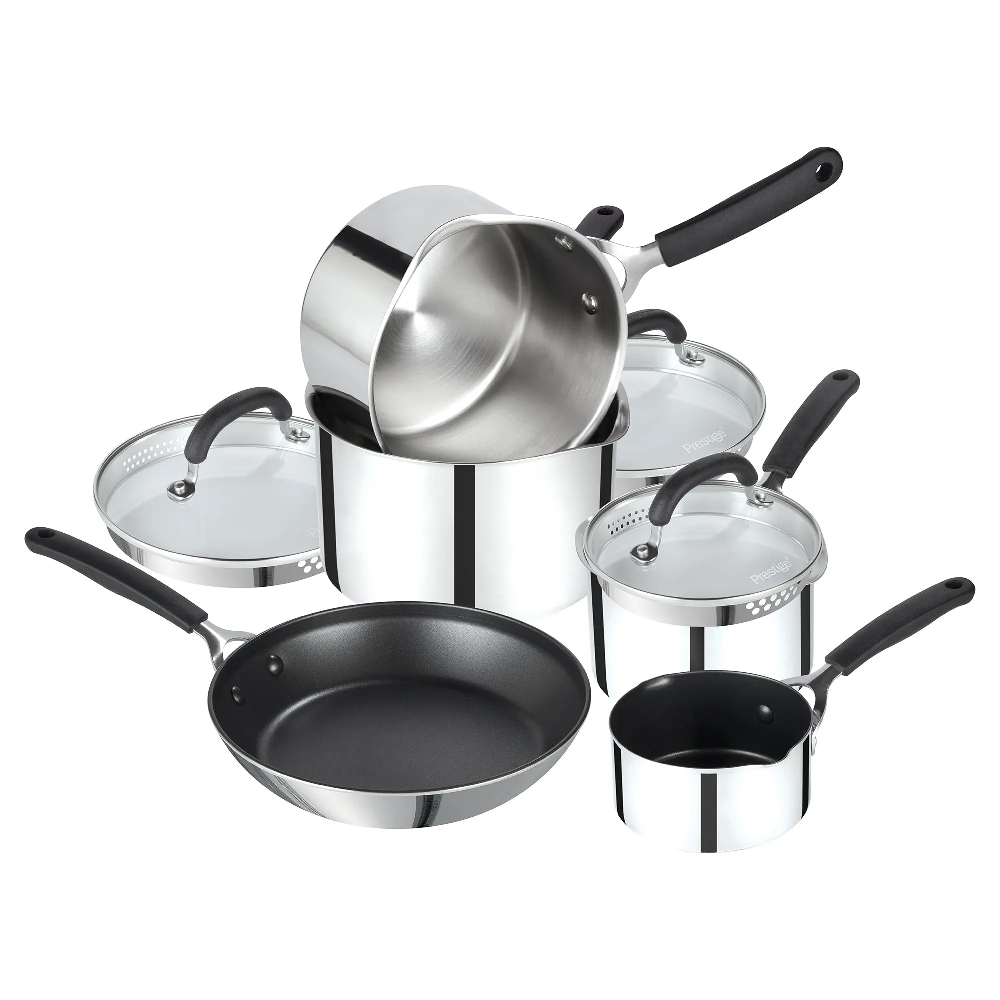 Made to Last: Stainless Steel Frying Pan, Saucepan, Straining Lids & Milk Pan Set - 5 Pieces