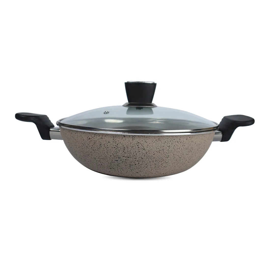 Marble Coated Wok (Karahi) with Glass Lid - Cream