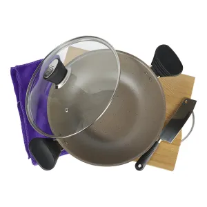 Marble Coated Wok (Karahi) with Glass Lid - Cream