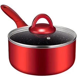 N  A Saucepan with Lid 2 quart, Nonstick Sauce Pans for All Stoves, 100% Non-toxic Small Pot, Red Saucier, Dishwasher Safe, Induction