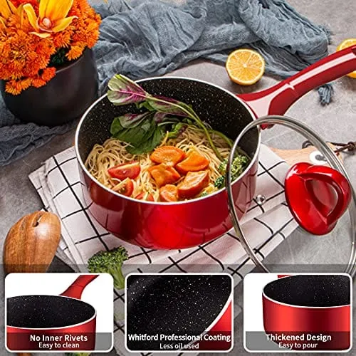 N  A Saucepan with Lid 2 quart, Nonstick Sauce Pans for All Stoves, 100% Non-toxic Small Pot, Red Saucier, Dishwasher Safe, Induction