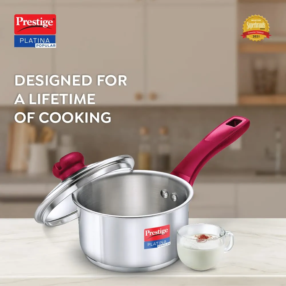 Prestige Platina Popular Stainless Steel Gas and Induction Compatible Sauce Pan with Glass Lid, 140 mm