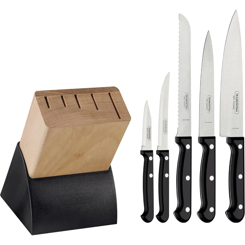 Tramontina Brazil  Ultracorte 6 Pieces Knife and Block Set with Stainless Steel Blade and Black Polypropylene Handle