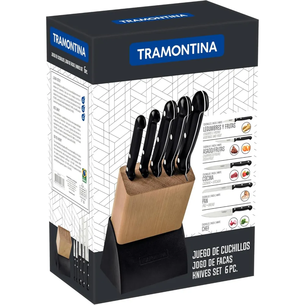 Tramontina Brazil  Ultracorte 6 Pieces Knife and Block Set with Stainless Steel Blade and Black Polypropylene Handle