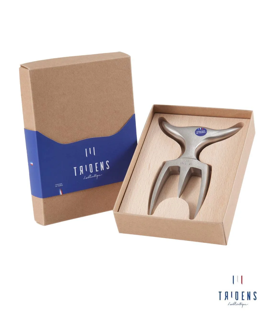 Tridens Hand Finished Ergonomic Brushed Stainless Steel Fork, 165mm / 6.5-in With Two Sided Storage Beechwood Base