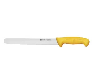 Twin. Master Slicing Knife, 11 1/2", one-piece, FRIODUR. hardened, high carbon "no stain" stainless steel blade, non-hydroscopic safe-grip polypropylene handle, made in Spain, yellow, HACCP & NSF approved