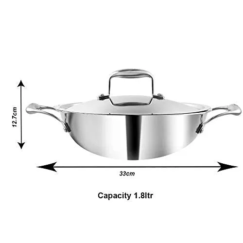 Vinod Coookware Platinum Triply Stainless Steel Kadai with Stainless Steel Lid 3.2 litres (26 cm Diameter), Induction and Gas Stove Friendly,Silver