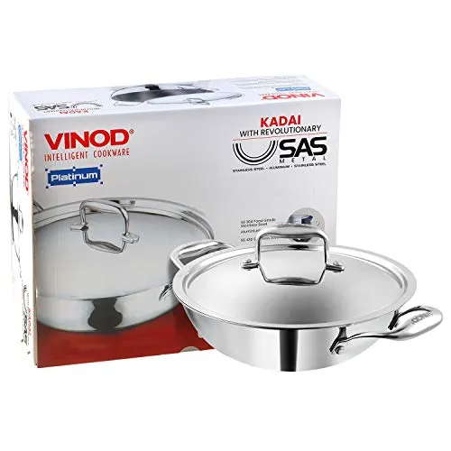 Vinod Coookware Platinum Triply Stainless Steel Kadai with Stainless Steel Lid 3.2 litres (26 cm Diameter), Induction and Gas Stove Friendly,Silver