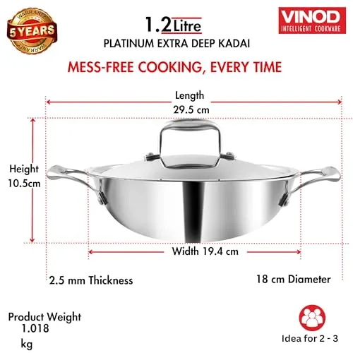 Vinod Platinum Triply Stainless Steel Extra Deep Kadhai with Lid 1.2 litre, 18 cm | 2.5mm Thick | Kadai for Cooking | 5 Year Warranty | Induction Cookware | Heavy Base