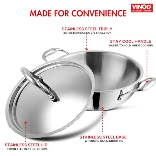 Vinod Platinum Triply Stainless Steel Extra Deep Kadhai with Lid 1.2 litre, 18 cm | 2.5mm Thick | Kadai for Cooking | 5 Year Warranty | Induction Cookware | Heavy Base