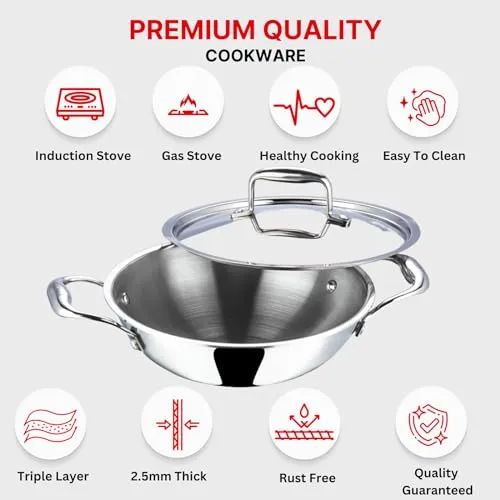 Vinod Platinum Triply Stainless Steel Extra Deep Kadhai with Lid 1.2 litre, 18 cm | 2.5mm Thick | Kadai for Cooking | 5 Year Warranty | Induction Cookware | Heavy Base