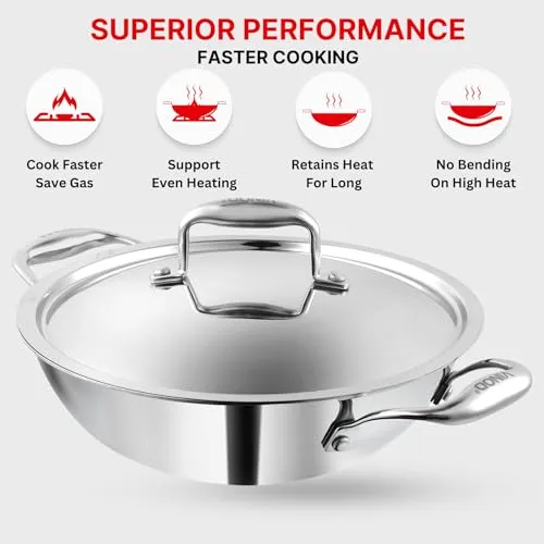 Vinod Platinum Triply Stainless Steel Extra Deep Kadhai with Lid 1.2 litre, 18 cm | 2.5mm Thick | Kadai for Cooking | 5 Year Warranty | Induction Cookware | Heavy Base