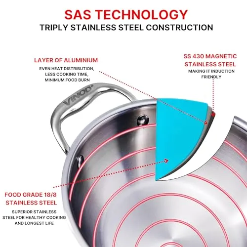 Vinod Platinum Triply Stainless Steel Extra Deep Kadhai with Lid 1.2 litre, 18 cm | 2.5mm Thick | Kadai for Cooking | 5 Year Warranty | Induction Cookware | Heavy Base