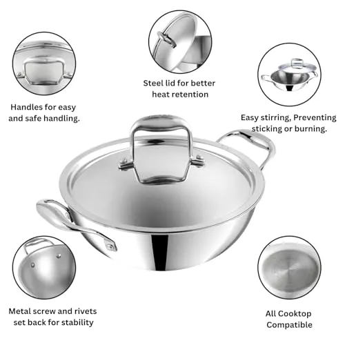 Vinod Platinum Triply Stainless Steel Extra Deep Kadhai with Lid 1.2 litre, 18 cm | 2.5mm Thick | Kadai for Cooking | 5 Year Warranty | Induction Cookware | Heavy Base