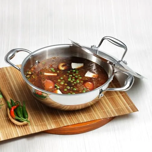 Vinod Platinum Triply Stainless Steel Extra Deep Kadhai with Lid 1.2 litre, 18 cm | 2.5mm Thick | Kadai for Cooking | 5 Year Warranty | Induction Cookware | Heavy Base